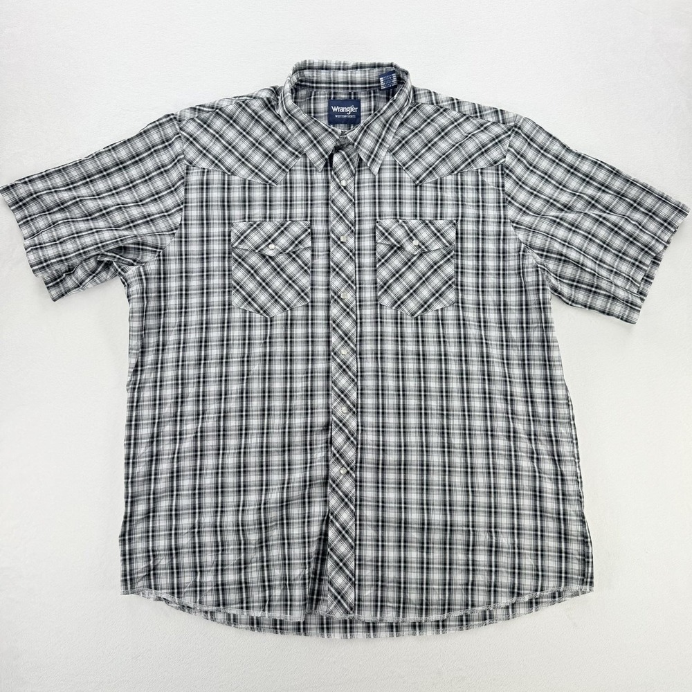 Wrangler Shirt Mens 2XL Gray Plaid Western Pearl Snaps Short Sleeve Cowboy Rodeo